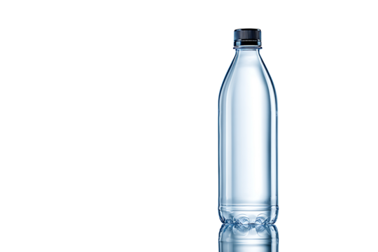 Transparent Plastic Bottle with Black Cap on a Reflective Surface Isolated on a Black Background