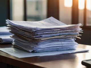Stack of Paper Documents on a Desk in Office Setting