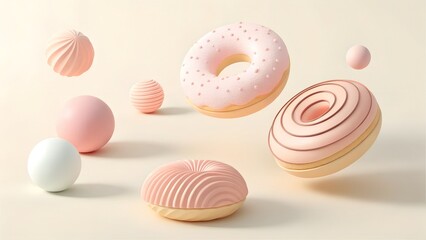 Pink donuts and spheres floating in pastel background