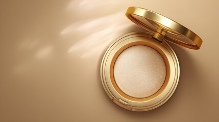 Minimal flatlay of single gold compact powder on pastel cream background with copy space, luxury beauty product photography