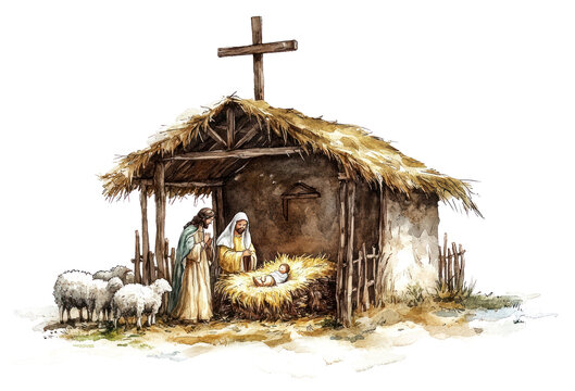PNG Nativity scene cross sheep illustration.