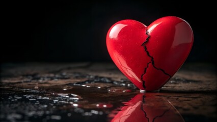 Fototapeta premium A broken red heart on a dark, wet surface with reflection