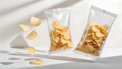 Two bags of potato chips with chips falling out isolated on white