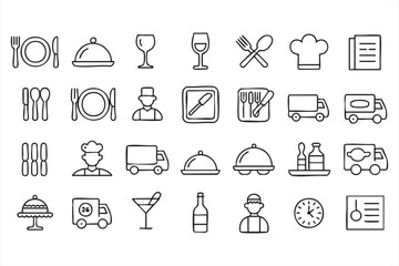 Restaurant kitchen and service icons featuring chef, plate, utensils, and delivery