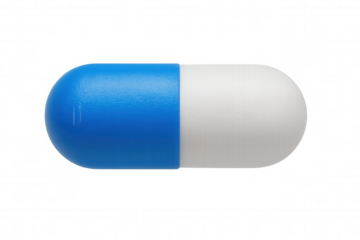 Close-up of a blue and white pill symbolizing medicine, healthcare, and treatment on a transparent background, suitable for pharmaceutical and health-related projects
