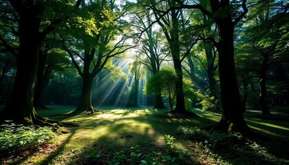 Obraz premium Deep shadows dappled sunlight on lush green forest floor, ancient trees, shadow, leaves