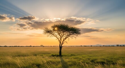 Obraz premium Lone acacia tree in the savanna at sunset