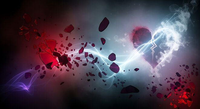 A shattered red heart and a glowing electric heart connected by a bolt of energy against a dark, smoky backdrop.