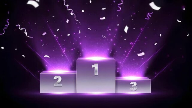 Glowing purple podium with metallic numbers 1, 2, 3, surrounded by falling white confetti, festive celebration of winners and competition success, 4K video