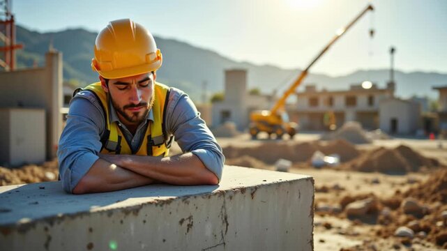 Tired construction worker wearing yellow safety helmet and vest leans concrete barrier building site, expressing exhaustion, sunlight, cranes, mountains, thoughtful male resting, safety vest