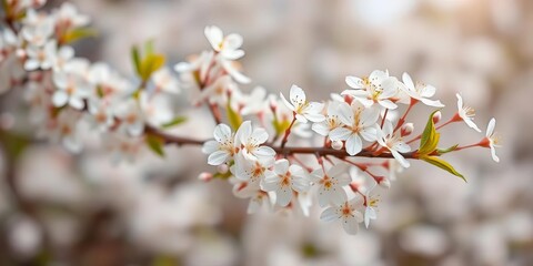 Obraz premium Delicate white blossoms on a soft, blurred background, flower backdrop, white