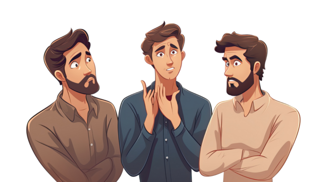 three confused men in flat design pondering on white background