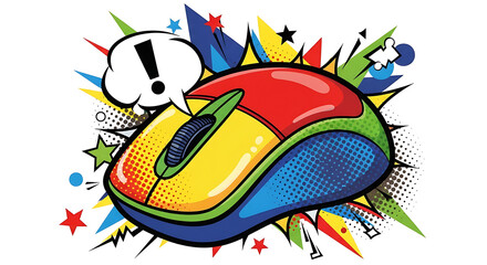 A colorful pop art illustration of a computer mouse with a comic book style exclamation mark.