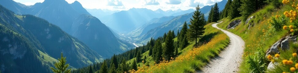 Obraz premium Elevated winding trail, stunning Oeschinensee vista, green, peaceful