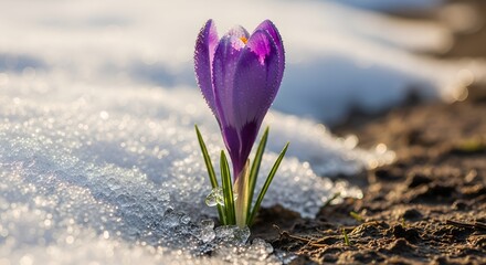Obraz premium A purple crocus flower emerges from melting snow in early spring