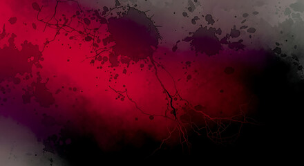 Vibrant red and black abstract grunge background with distressed textures, paint splatters, and subtle crack patterns.
