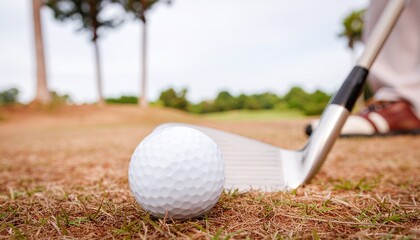 Golf ball and club positioned on the golf course, ready for a game