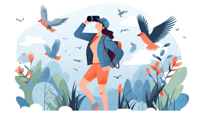 woman observing colorful birds through binoculars on white background