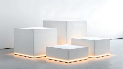 Four white geometric cubes with illuminated bases