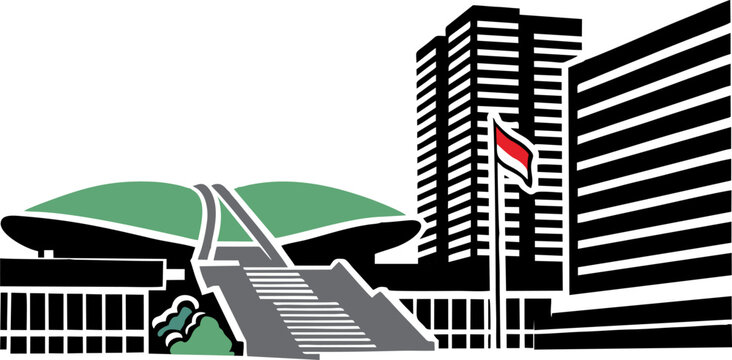 Black and white vector illustration of the Indonesian Parliament Building (Gedung DPR/MPR RI) in Jakarta, depicting its iconic dome architecture in minimalist line art style