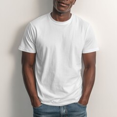 A Black man in a plain white t shirt stands against a neutral background. The blank shirt is ideal for clothing mockup and fashion display.