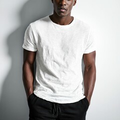 A Black man in a plain white t shirt stands against a neutral background. The blank shirt is ideal for clothing mockup and fashion display.