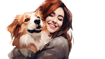 a joyous woman hugs her puppy dog on white background