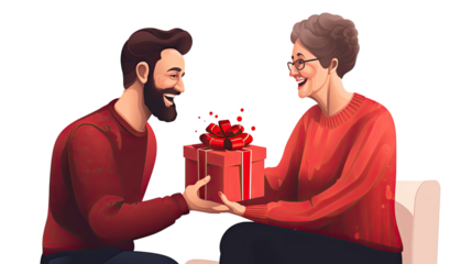 a young man joyfully presenting a gift box to elderly woman on white background
