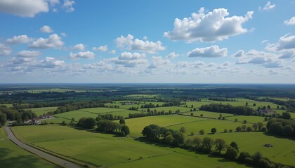 Fototapeta premium Expansive rural landscape under a bright sky with scattered clouds and green fields stretching to
