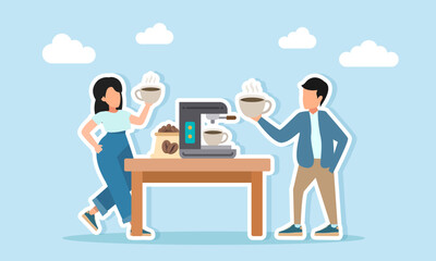 Man and woman each holding a cup of hot coffee standing near a table with coffee machine and sack of beans illustration for coffee day or coffee festival celebration