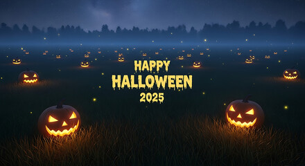 Happy Halloween 2025 Atmospheric night view of glowing jack-o'-lanterns in a field, creating a festive, spooky mood for holiday projects