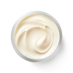 A bowl of creamy white yogurt with a swirl pattern on a transparent background
