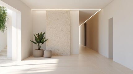 A minimalistic interior space featuring a textured wall, potted plants, and ample natural light, creating a serene and modern atmosphere.
