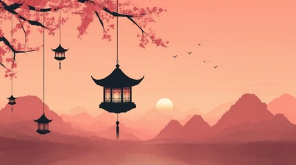 Peaceful Asian landscape with cherry blossoms, lanterns, mountains, and sunset