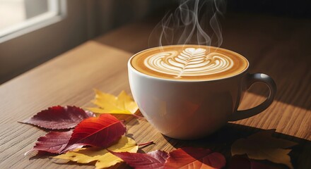 Steaming Latte with Autumn Leaves on Wooden Table in Sunlight