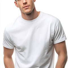 Obraz premium A plain white t shirt is worn by a male model for use in brand identity and design template. The simple studio shot highlights space for logo or artwork placement.