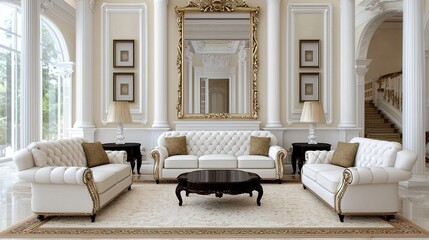 A luxurious living room featuring elegant white sofas, a large mirror, ornate decor, and stylish lighting, creating an inviting and sophisticated atmosphere.