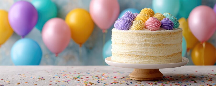 Children's party with white birthday cake concept. Delicious birthday cake with colorful frosting and festive balloons.
