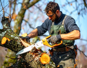 A man cutting a tree branch using a chainsaw.