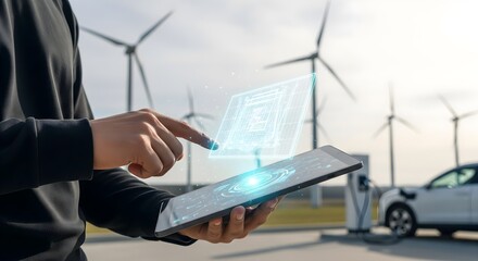 Naklejka premium Adjusting Holographic Solar Panel Diagram Above Tablet at Wind Farm