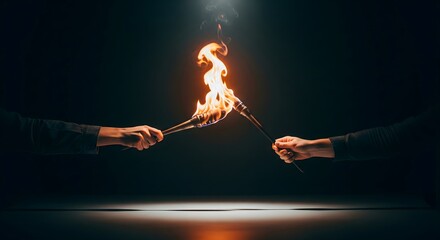 Hands Igniting Torch in Dark. Symbolic of Challenge, Inspiration, or Knowledge Transfer.