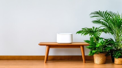 Modern living room scene featuring a white speaker on a wooden table beside lush green plants
