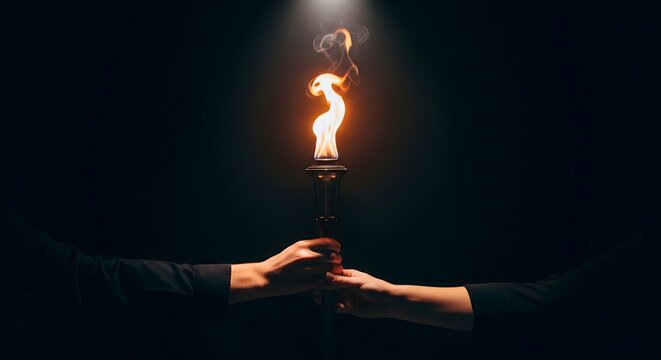 Symbolic Passing of a Burning Torch by Two Hands in Darkness, Under Spotlight