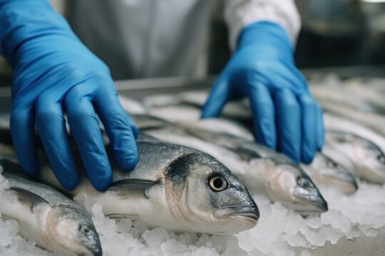 Local food inspection. Fresh fish being handled with blue gloves on a bed of ice in a seafood market setting.