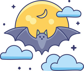 Vector bat silhouette flying with the moon and clouds