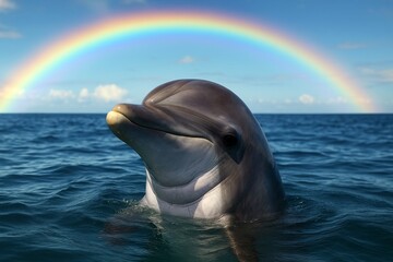 虹と海に浮かぶイルカ 実写風イラスト