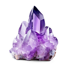 A single amethyst crystal on a transparent background