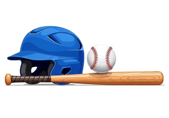 A complete set of classic baseball equipment featuring a blue batting helmet, a wooden bat, and a stitched ball isolated on a white background