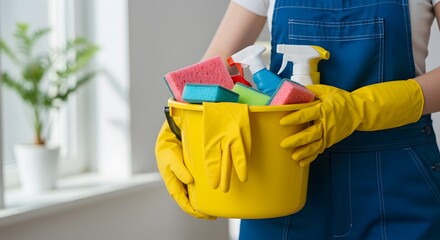 Person Holding Yellow Bucket Filled with Cleaning Supplies in Indoor Setting
