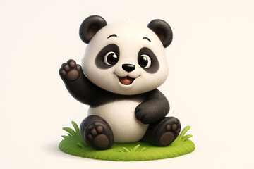 Obraz premium Adorable cartoon panda waving hello sitting on green grass with a cup